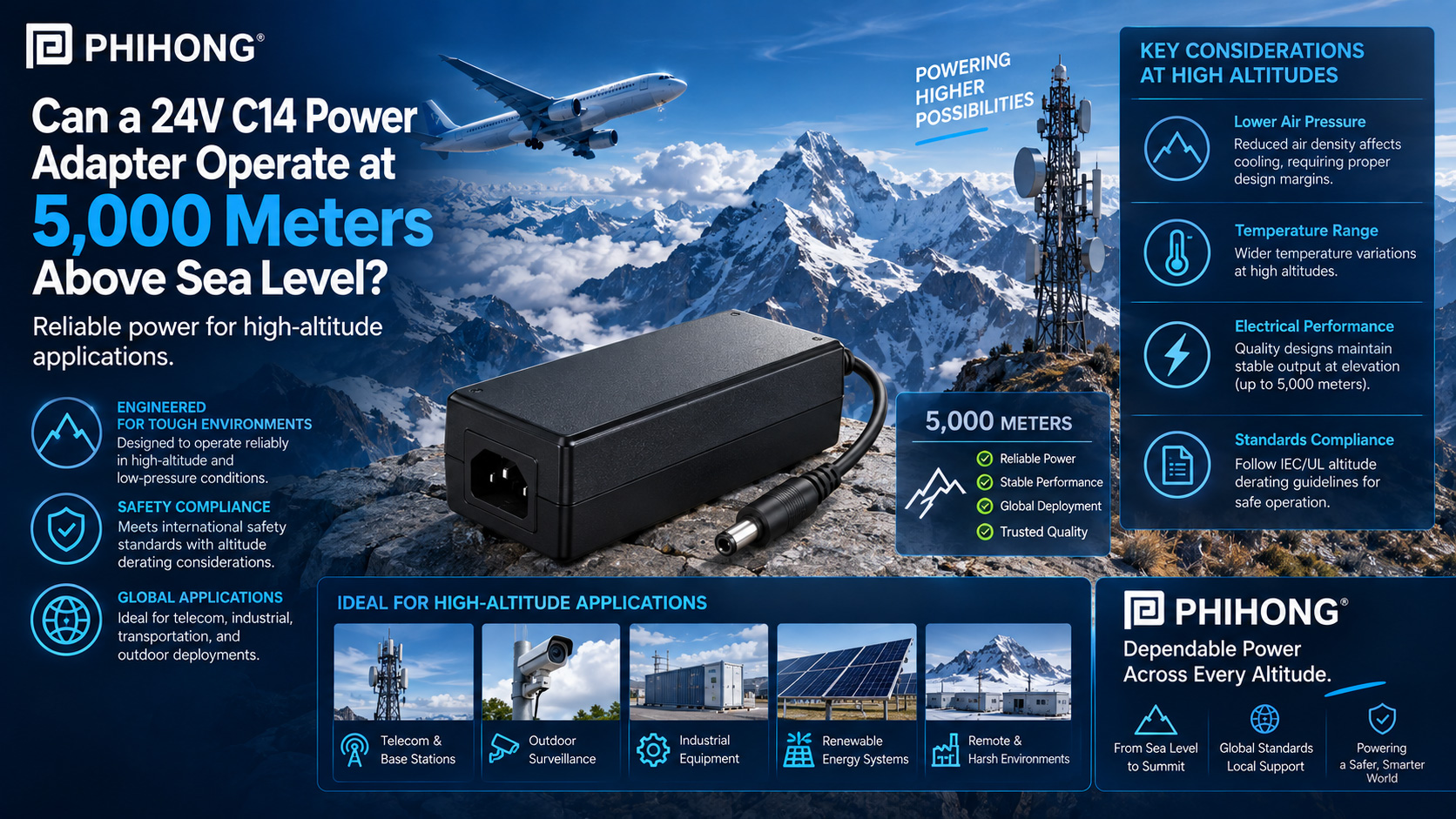 Can a 24V C14 Power Adapter Operate at 5,000 Meters Above Sea Level?