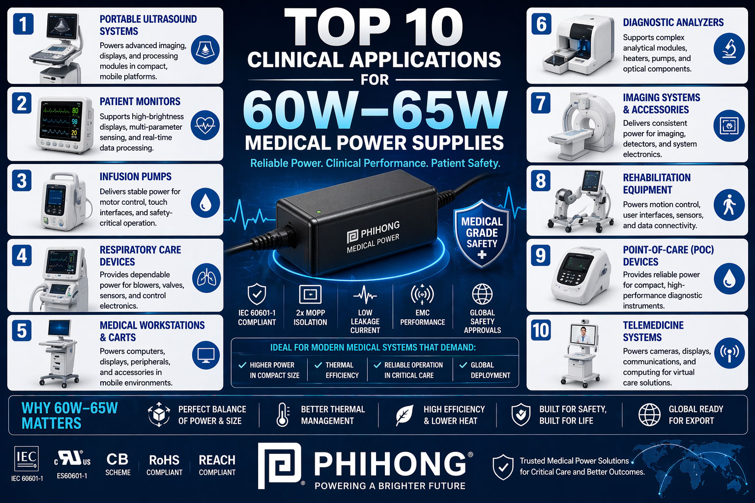Top 10 Clinical Applications for 60W–65W Medical Power Supplies
