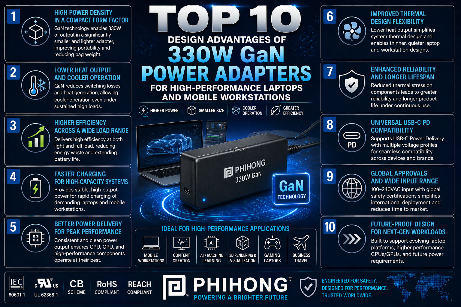 Top 10 Design Advantages of 330W GaN Power Adapters for High-Performance Laptops and Mobile Workstations