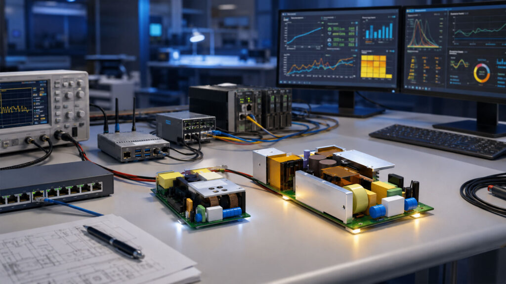 two open-frame internal power supply boards side by side
