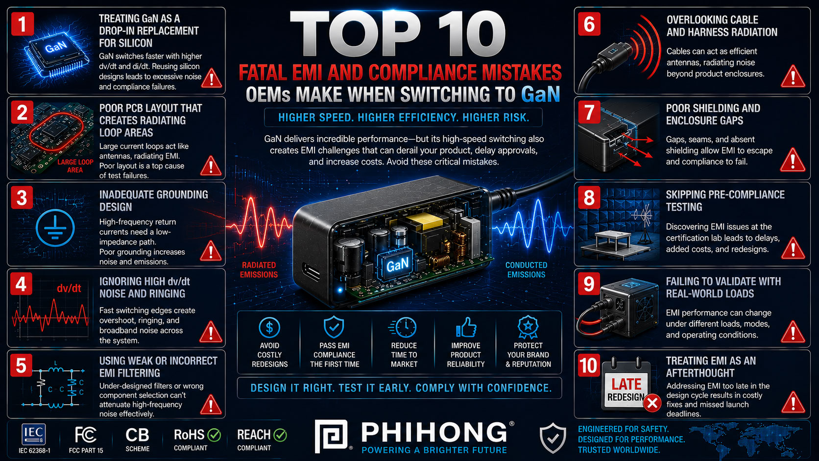 Top 10 Fatal EMI and Compliance Mistakes OEMs Make When Switching to GaN