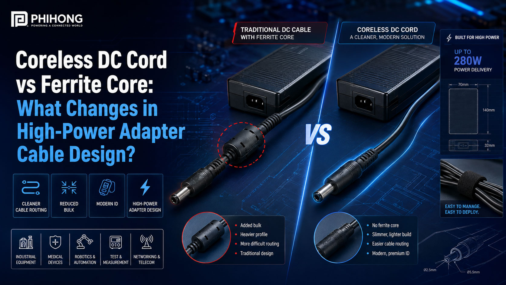 Coreless DC Cord vs Ferrite Core: What Changes in High-Power Adapter Cable Design?