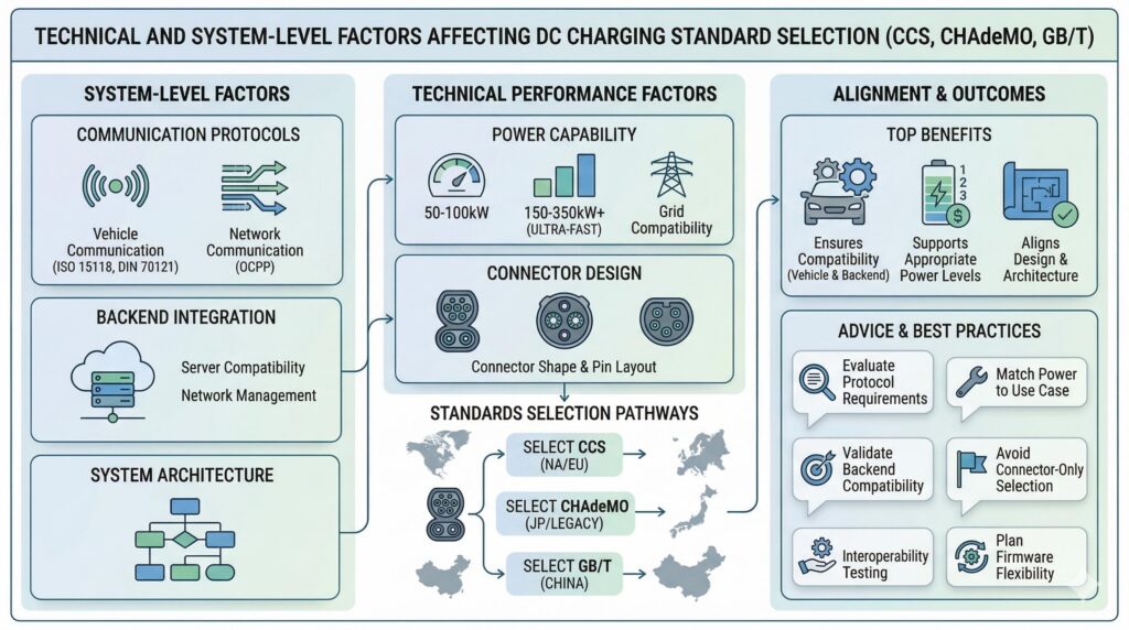 Technical and system-level factors also influence whether CCS, CHAdeMO, or GB/T is the best fit for a given application