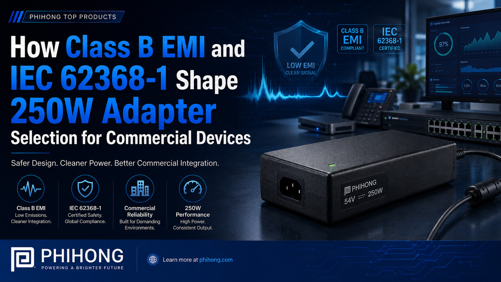 How Class B EMI and IEC 62368-1 Shape 250W Adapter Selection for Commercial Devices