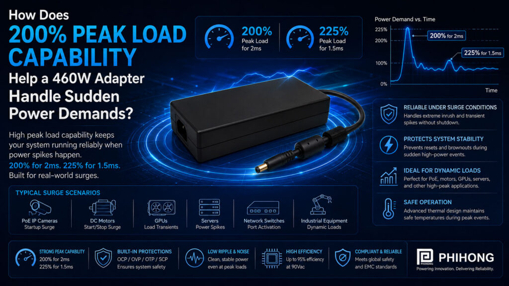 How Does 200% Peak Load Capability Help a 460W Adapter Handle Sudden Power Demands?