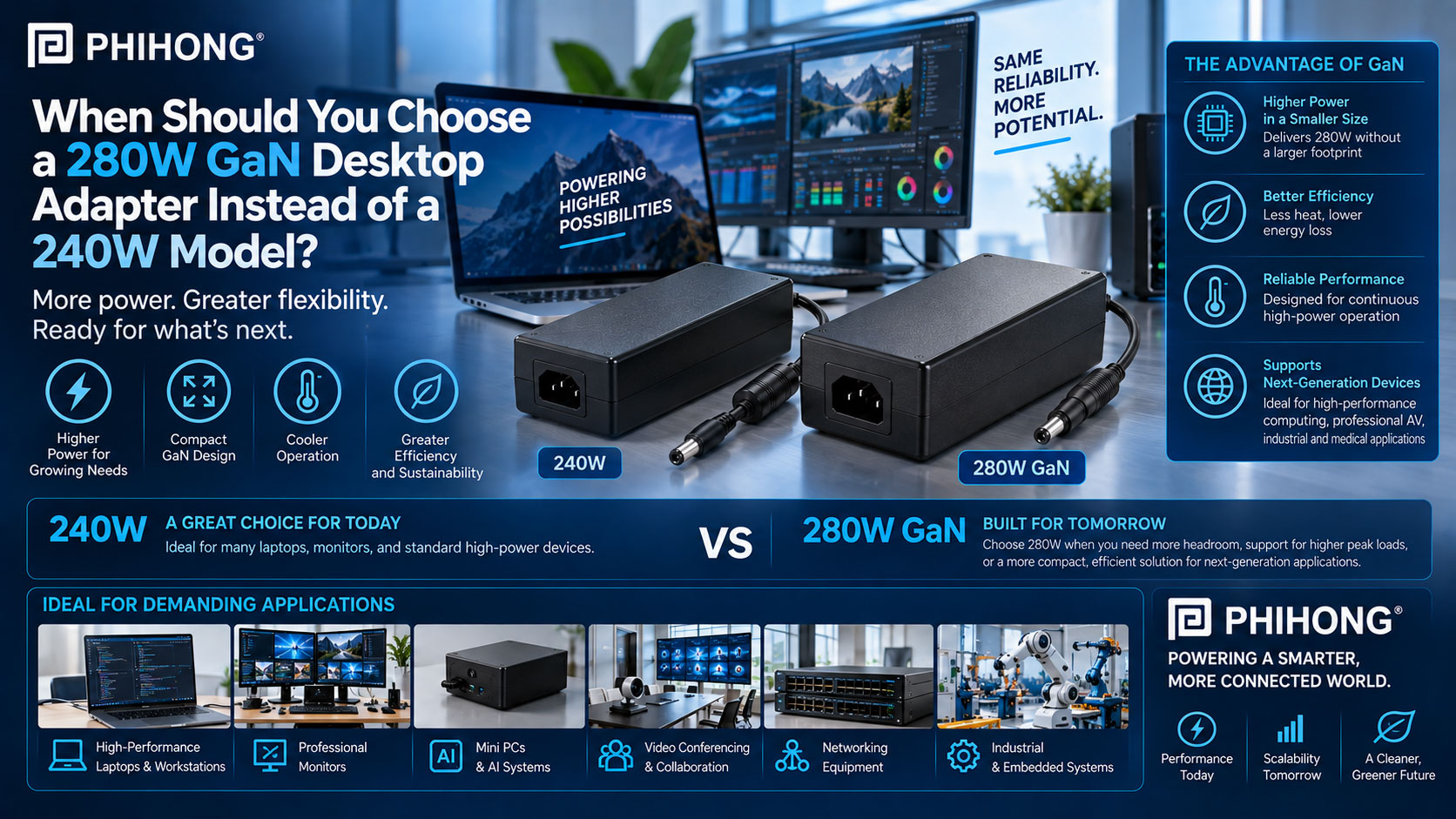When Should You Choose a 280W GaN Desktop Adapter Instead of a 240W Model?