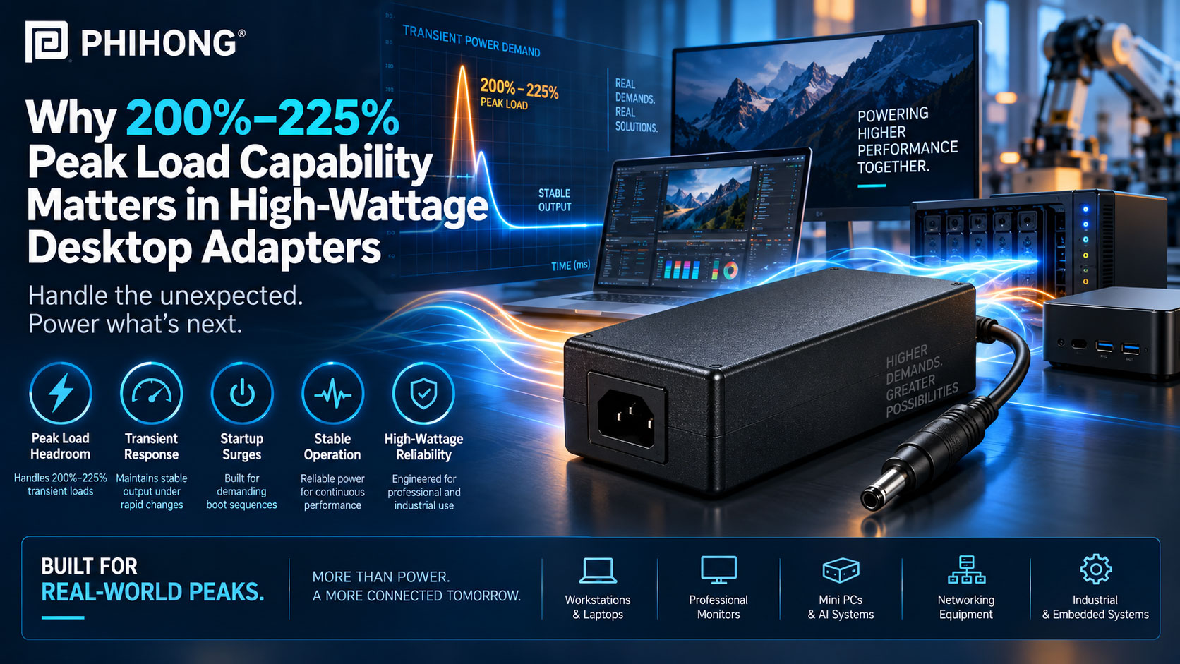 Why 200%-225% Peak Load Capability Matters in High-Wattage Desktop Adapters