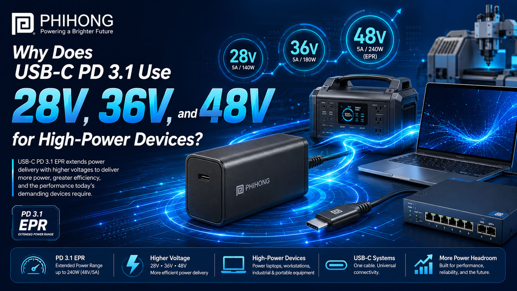 Why Does USB-C PD 3.1 Use 28V, 36V, and 48V for High-Power Devices?