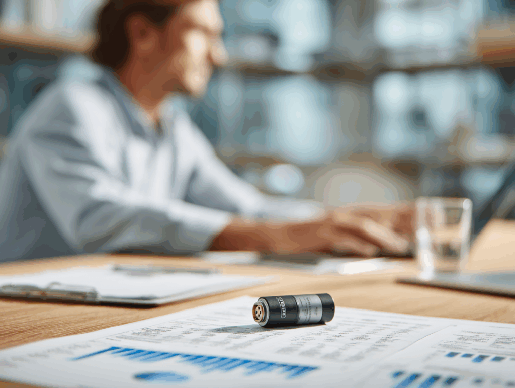 AC/DC power adapter placed next to a printed datasheet on a clean work surface