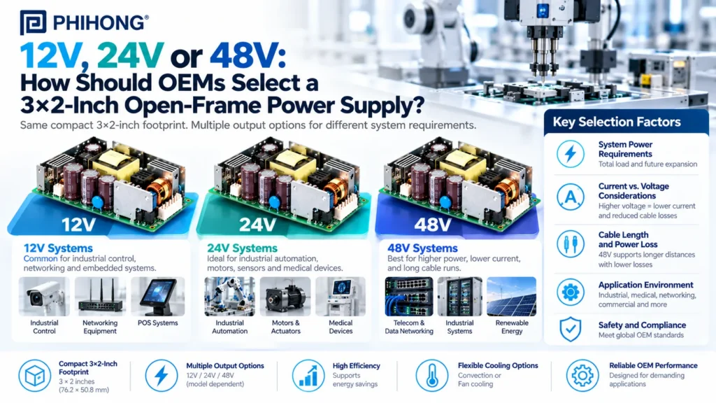 12V, 24V or 48V: How Should OEMs Select a 3×2-Inch Open-Frame Power Supply?