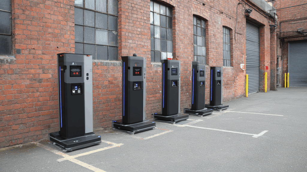 Robot Charging Stations for Warehouses and Outdoor Deployments